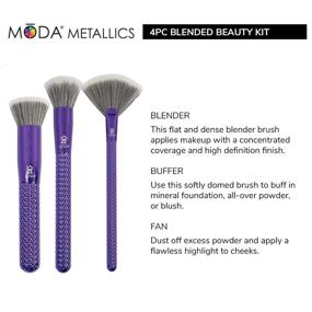 img 2 attached to 💄 Enhance your Makeup Routine with MODA Full Size Metallic Blended Beauty 4pc Brush Set in Metallic Purple - Includes Blender, Buffer, and Fan Brushes with Pouch