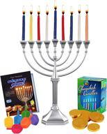 🕎 zion judaica satin silver menorah set: graceful hanukkah decor with 45 candles, 6 dreidels, hanukkah guide, and chocolate gelt logo