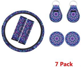 img 4 attached to 🌸 Stylish Boho Mandala Flower Car Accessories Set - Seat Belt Pads, Cup Mats, Keychain, Steering Wheel Cover - Universal Fit, 7 Piece Bundle