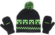 🧢 minecraft woven creepers kids beanie hat cap and gloves set - stylish black design for adventure and warmth logo