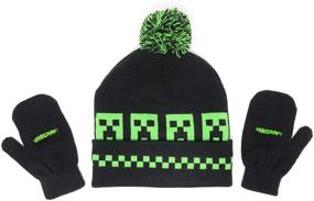 img 1 attached to 🧢 Minecraft Woven Creepers Kids Beanie Hat Cap and Gloves Set - Stylish Black Design for Adventure and Warmth