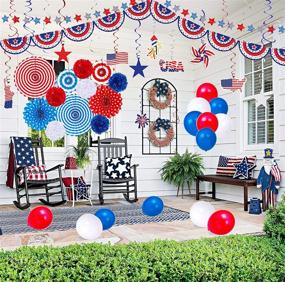 img 3 attached to 🎉 Complete 66PCS 4th/Fourth of July Decorations Set for Unforgettable USA Memorial Day Party - Patriotic Paper Fans, Tissue Pom Poms, Star Streamer, American Flag Banner Garland, Hang Swirls, and Balloons in Red, White, Blue - Premium Party Decor Supplies