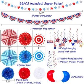 img 2 attached to 🎉 Complete 66PCS 4th/Fourth of July Decorations Set for Unforgettable USA Memorial Day Party - Patriotic Paper Fans, Tissue Pom Poms, Star Streamer, American Flag Banner Garland, Hang Swirls, and Balloons in Red, White, Blue - Premium Party Decor Supplies