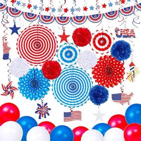 img 4 attached to 🎉 Complete 66PCS 4th/Fourth of July Decorations Set for Unforgettable USA Memorial Day Party - Patriotic Paper Fans, Tissue Pom Poms, Star Streamer, American Flag Banner Garland, Hang Swirls, and Balloons in Red, White, Blue - Premium Party Decor Supplies