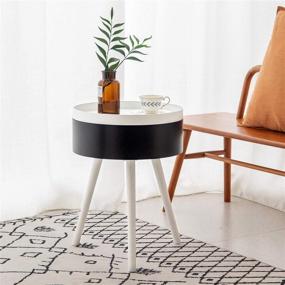 img 1 attached to 🌑 DSDecor Modern Round Side Table with Storage: Nightstand Coffee Table with Removable Tray & Solid Wood Legs for Small Spaces in Bedroom or Living Room (Black & White)