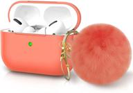 🎧 airpods pro case, soft silicone cover with cute pom pom keychain, shockproof slim protection for charging case [visible front led], apricot red logo