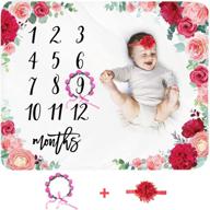 floral baby monthly milestone blanket for girls - personalized newborn month blanket ideal shower gift for photography - soft plush fleece background prop with large red flower design and wreath headband logo