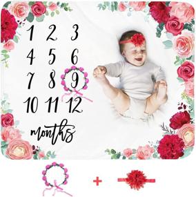 img 4 attached to Floral Baby Monthly Milestone Blanket for Girls - Personalized Newborn Month Blanket Ideal Shower Gift for Photography - Soft Plush Fleece Background Prop with Large Red Flower Design and Wreath Headband