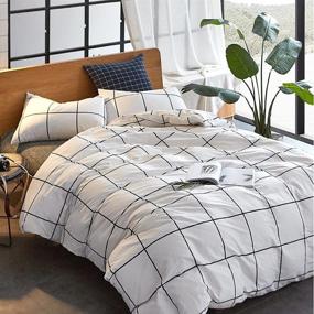 img 1 attached to 🛏️ CLOTHKNOW White Grid Duvet Cover Sets: Stylish, Twin Cotton Black White Bedding with Distressed Check Pattern - 3Pcs Comforter Cover Set
