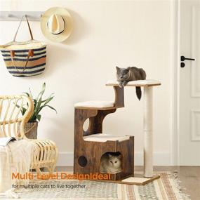 img 2 attached to FEANDREA UPCT70HW: 33.9-Inch Rustic Cat Tower with 3 Beds, Cave, and Sisal Post - Medium Cat Tree Made of MDF, Wood Veneer, Washable Faux Fur, Vintage Brown and White Condo