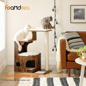 img 3 attached to FEANDREA UPCT70HW: 33.9-Inch Rustic Cat Tower with 3 Beds, Cave, and Sisal Post - Medium Cat Tree Made of MDF, Wood Veneer, Washable Faux Fur, Vintage Brown and White Condo