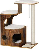 feandrea upct70hw: 33.9-inch rustic cat tower with 3 beds, cave, and sisal post - medium cat tree made of mdf, wood veneer, washable faux fur, vintage brown and white condo logo