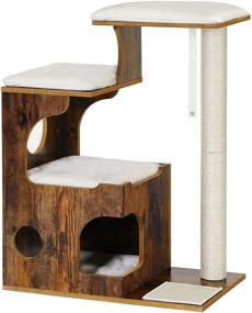 img 4 attached to FEANDREA UPCT70HW: 33.9-Inch Rustic Cat Tower with 3 Beds, Cave, and Sisal Post - Medium Cat Tree Made of MDF, Wood Veneer, Washable Faux Fur, Vintage Brown and White Condo