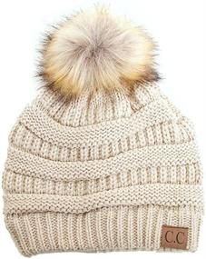 img 1 attached to 🧣 Plum Feathers Soft Stretch Cable Knit Ribbed Faux Fur Pom Pom Beanie Hat - Cozy and Stylish Winter Accessory