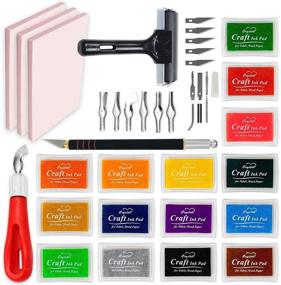 img 4 attached to 🖌️ Complete Stamp Carving Kit with Rubber Blocks, Brayer, Lino Carving Tool, Precision Knife & 15 Stamp Ink Pads - Create Beautiful Stamps Easily!