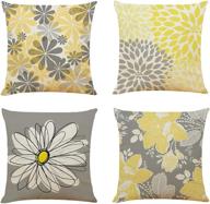 🌼 stylish and cozy: docuwee set of 4 grey and yellow flower throw pillow covers - 18"x18" soft linen decorative cushion covers for living room sofa, couch, bed логотип