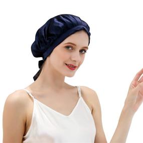 img 4 attached to 🎀 ZIMASILK Mulberry Silk Sleep Cap for Women Hair Care - 100% Natural 19 Momme Silk Night Bonnet with Adjustable Ribbons - Smooth Soft Navy Blue Cap - 1 Pack (One Size)