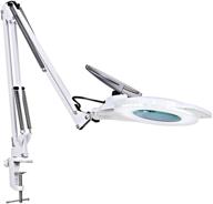 adjustable swivel arm magnifying lamp with clamp, nueyio 2,200 lumens dimmable super bright daylight led magnifying glass with light and magnifier lens for reading, crafts, close work, repair - white логотип