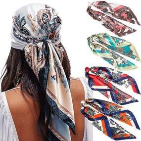 img 4 attached to 🧣 Set of 4pcs Lightweight Satin Silk Scarfs - 35" Large Square Head Scarves for Women, Ideal for Hair Sleeping Wraps and Neck Scarf