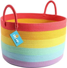 img 4 attached to 🌈 Colorful 20”x13” Cotton Rope Storage Basket with Handles - OrganiHaus Rainbow- Ideal Kids Toy Organizer for Nursery, Playroom, and Classroom Organization