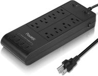 powerjc 8 outlet surge protector power strip with 4 usb charging ports and 70 inch long power cord - black logo