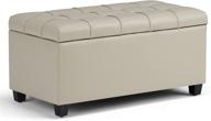 satin cream tufted faux leather lift top storage ottoman bench by simplihome - 34 inch wide rectangle, footrest stool & coffee table for living room, bedroom, and kids room - traditional design logo