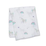 lulujo baby 100% cotton muslin swaddle blanket, 🌈 large 47 x 47-inch size, featuring rainbows and unicorns logo