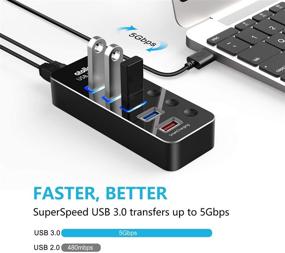 img 3 attached to Atolla Алюминиевый 5-портовый USB 3.0 хаб - питаемый USB разветвитель с 4 USB 3.0 портами данных, 1 USB портом для смарт-зарядки, 5В/3А адаптером питания и индивидуальными переключателями.