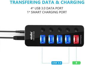 img 2 attached to Atolla Алюминиевый 5-портовый USB 3.0 хаб - питаемый USB разветвитель с 4 USB 3.0 портами данных, 1 USB портом для смарт-зарядки, 5В/3А адаптером питания и индивидуальными переключателями.