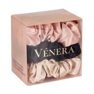 vénera silk 100% pure natural mulberry silk scrunchies - 3 pieces silk hair ties for anti-crease & breakage - oeko-tex certified - luxury silk hair accessories (black, caramel, pink) logo