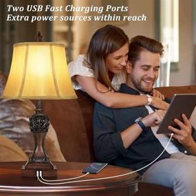 img 3 attached to 🔌 Pair of Touch Control 3-Way Dimmable Table Lamps with 2 USB Charging Ports | Classic Bedside Lamps with Bell-Shaped Faux Silk Shade & Brown Base for Bedroom Nightstand Living Room | Includes LED Bulbs