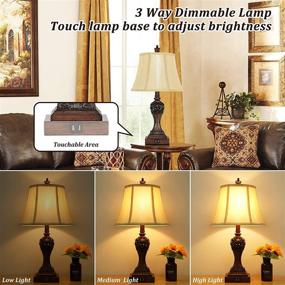 img 2 attached to 🔌 Pair of Touch Control 3-Way Dimmable Table Lamps with 2 USB Charging Ports | Classic Bedside Lamps with Bell-Shaped Faux Silk Shade & Brown Base for Bedroom Nightstand Living Room | Includes LED Bulbs