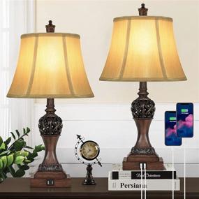 img 4 attached to 🔌 Pair of Touch Control 3-Way Dimmable Table Lamps with 2 USB Charging Ports | Classic Bedside Lamps with Bell-Shaped Faux Silk Shade & Brown Base for Bedroom Nightstand Living Room | Includes LED Bulbs