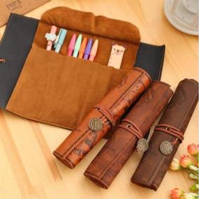 img 3 attached to Vintage MOTZU PU Leather Rollup Pen Bag, Creative Map Pencil Case with Smooth Cover, 🖋️ Storage Pouch and Organizer, Art Makeup Cosmetic Pouch, Soft Wrap Bag for Stationery Gift - Brown B