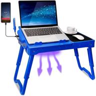 💻 teqhome adjustable laptop bed desk with fan, 4 usb ports, portable lap desk, foldable legs, laptop stand for couch sofa bed tray with led light, storage, mouse pad - blue logo