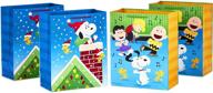 🎁 hallmark peanuts christmas gift bag bundle (4 large 13-inch gift bags, 2 designs) featuring snoopy, woodstock, charlie brown and friends logo