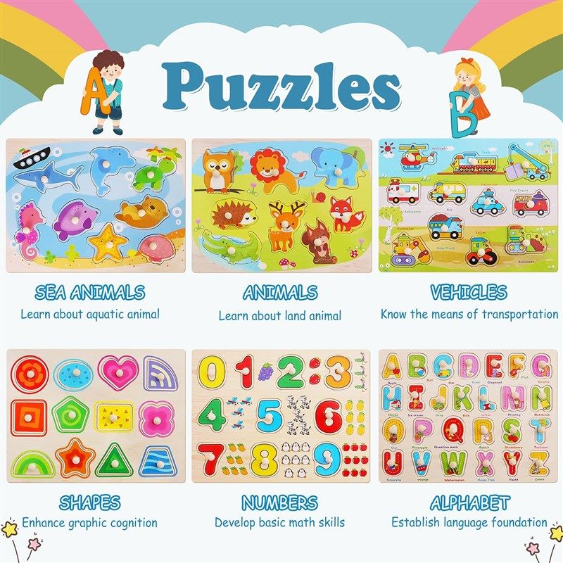 Etna Wood Peg Puzzle Set With 6 Puzzles And Wire Storage Rack – Abc,  Numbers, Shapes, Vehicles And Animals Educational Puzzles For Kids 3 And up  – Wooden Puzzles For Children Aged