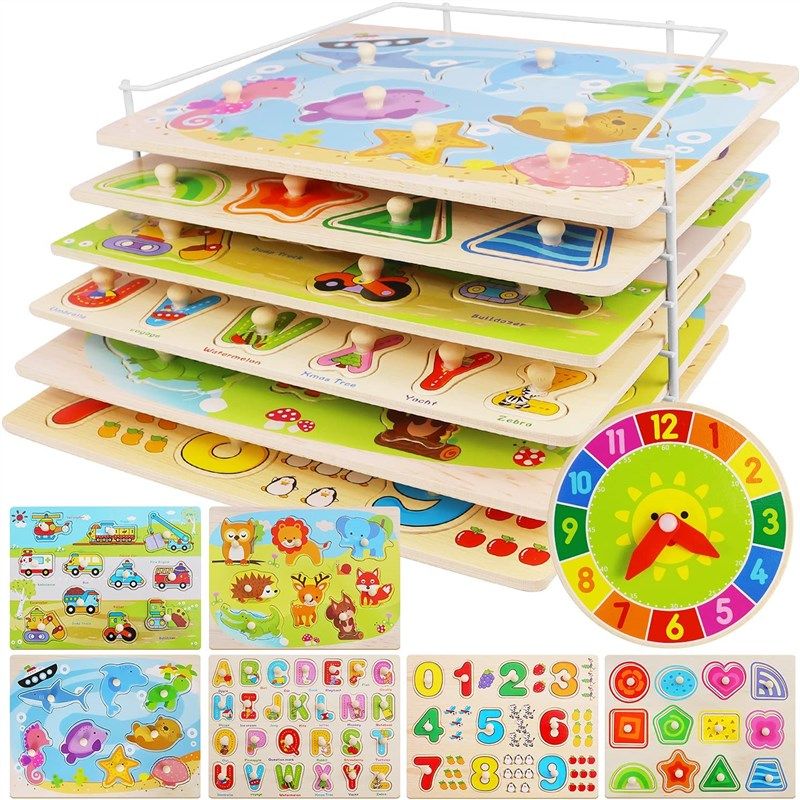 Etna Wood Peg Puzzle Set With 6 Puzzles And Wire Storage Rack – Abc,  Numbers, Shapes, Vehicles And Animals Educational Puzzles For Kids 3 And up  –