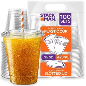 img 4 attached to 100 Sets of 16 oz Clear Plastic Cups with Straw-Slot Lid - Premium Disposable PET Crystal Clear Cups with Lids