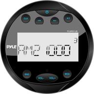 black pyle round waterproof marine stereo - 4x28 w aquatic boat in dash gauge radio receiver system with bluetooth, am fm, digital lcd, usb, aux, rca - includes wiring harness, bracket - plmr91ub logo