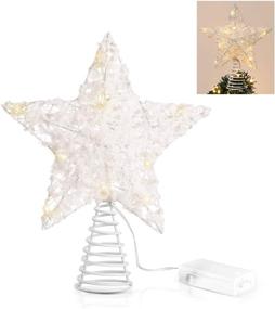 img 4 attached to Unomor Christmas Star Tree Toppers - White Cotton Balls Metal Hollow Design with 15 LED Lights (Batteries Excluded)
