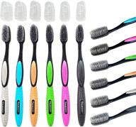 🦷 6 pack of gentle charcoal toothbrushes; ultra slim bristles effectively clean between teeth &amp; along gumline; extra soft toothbrushes for adults; promotes whitening; full medium head for optimal coverage; includes convenient toothbrush covers logo