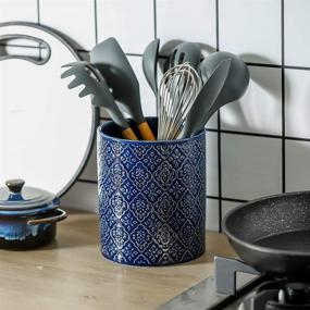 img 1 attached to 🍴 KOOV Kitchen Utensil Holder - Large Ceramic Utensil Crock for Countertop Organization and Easy Access, Embossed Pattern, Blue