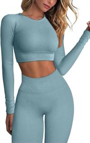 img 3 attached to QINSEN Seamless Ribbed Workout Outfits: Long Sleeve Crop Top and Tummy Control Leggings Sets for Women