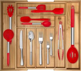 img 4 attached to 🎋 Bamboo Kitchen Drawer Organizer: Adjustable Wooden Tracks, Cutlery Tray with 9 Deep Slots - Expandable & Versatile Storage with Bonus Bamboo Spoon