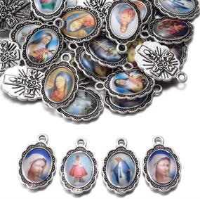 img 1 attached to 📿 Set of 60 Mixed Picture Enamel Our Lady Miraculous Medal Floral Rosary Centerpiece Cross Jesus Virgin Mary Catholic Alloy Crucifix Charms for DIY Jewelry Making - 19mmx12mm (A508)