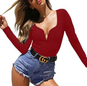 img 1 attached to 👗 HERMOCO Women's Sexy Low Cut Deep V Neck Bodysuit - Long Sleeve Leotard for Stylish Body Suit Tops