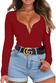 img 3 attached to 👗 HERMOCO Women's Sexy Low Cut Deep V Neck Bodysuit - Long Sleeve Leotard for Stylish Body Suit Tops