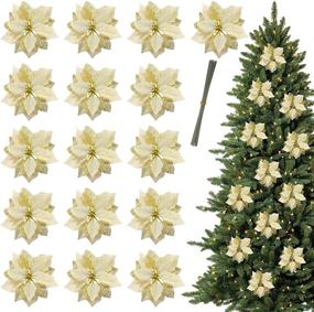 img 4 attached to 🌺 16 Pack 8.7 Inch Glitter Poinsettia Artificial Flowers Picks - Gold Christmas Tree Ornaments for Xmas Tree Wreaths Garland Holiday Party Decoration - KSPOWWIN