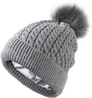 👒 womens cable knit hat winter satin lined cuffed beanie with detachable faux fur pompom silky lined warm hat logo